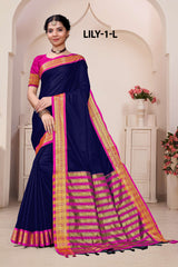 Lily -1-A Cotton Silk Saree with Rich Zari Border-16 Pcs Set-M.R. Saree Emporium