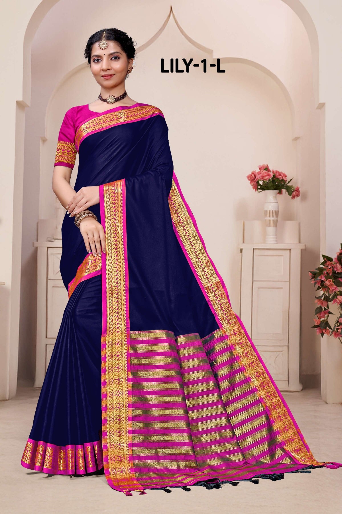 Lily -1-A Cotton Silk Saree with Rich Zari Border-16 Pcs Set-M.R. Saree Emporium