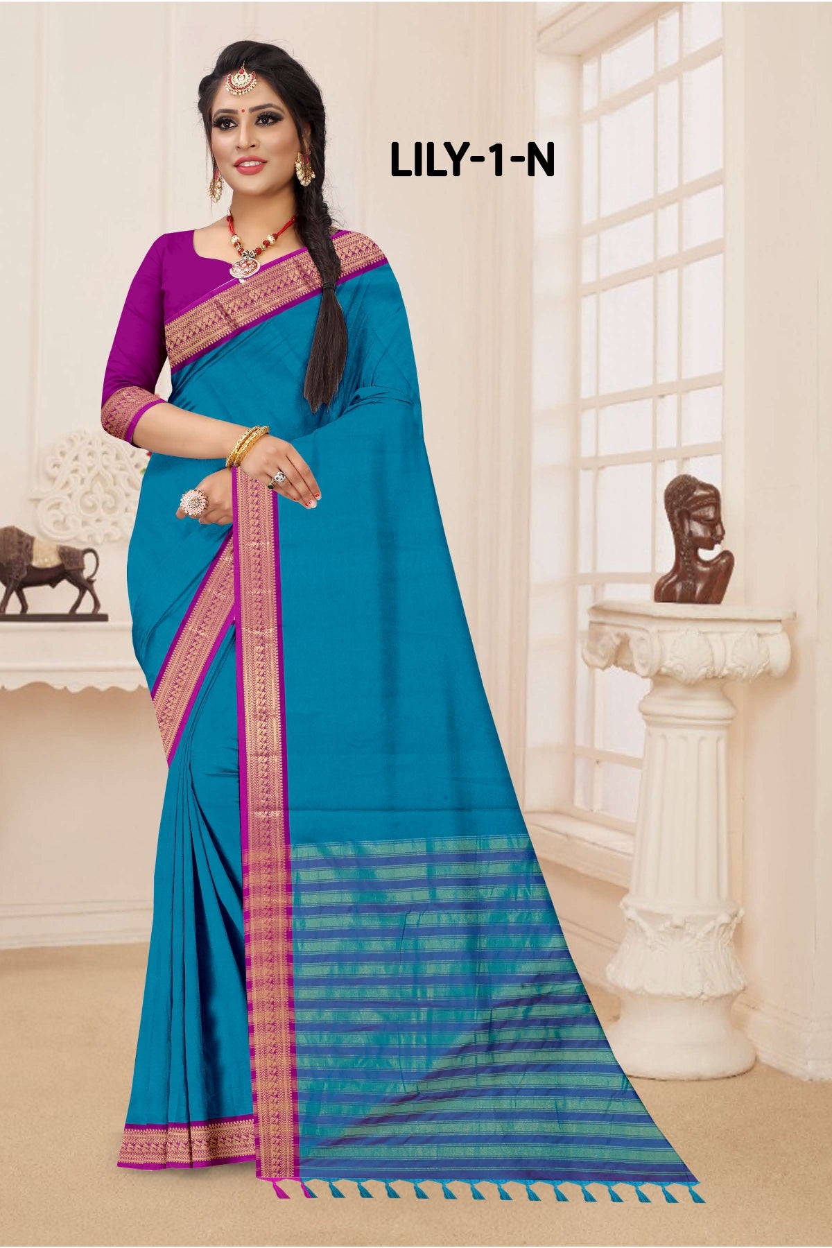 Lily -1-A Cotton Silk Saree with Rich Zari Border-16 Pcs Set-M.R. Saree Emporium