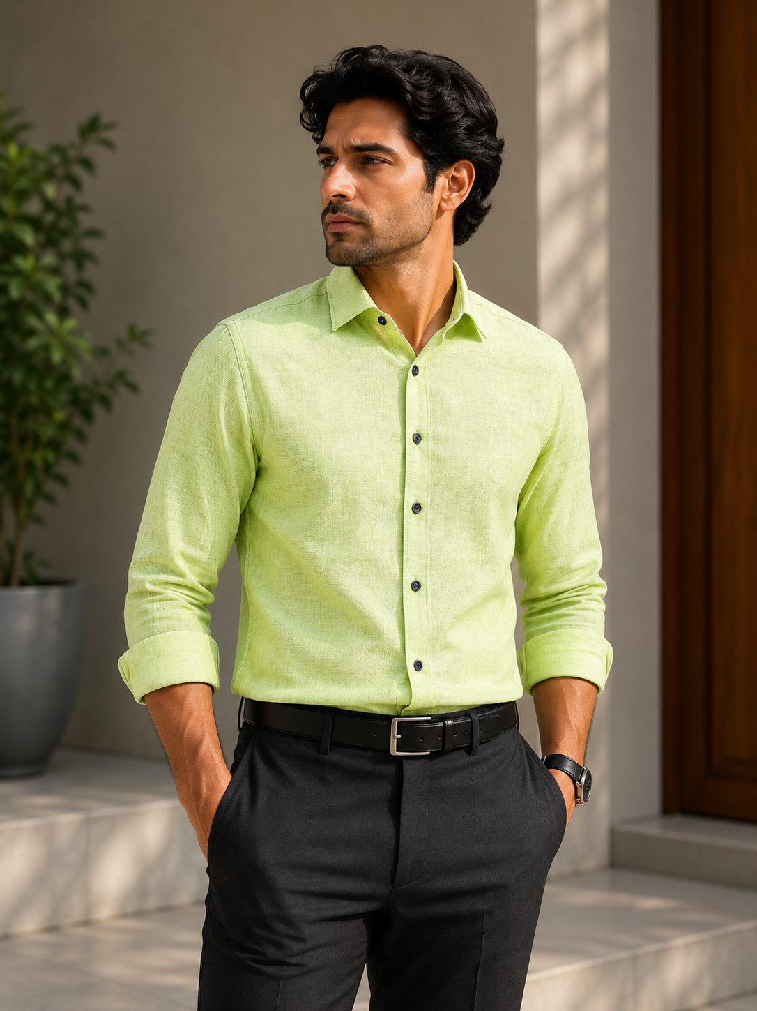 Premium Lime Green Formal Shirt - Textured Design - M.R. Saree Emporium