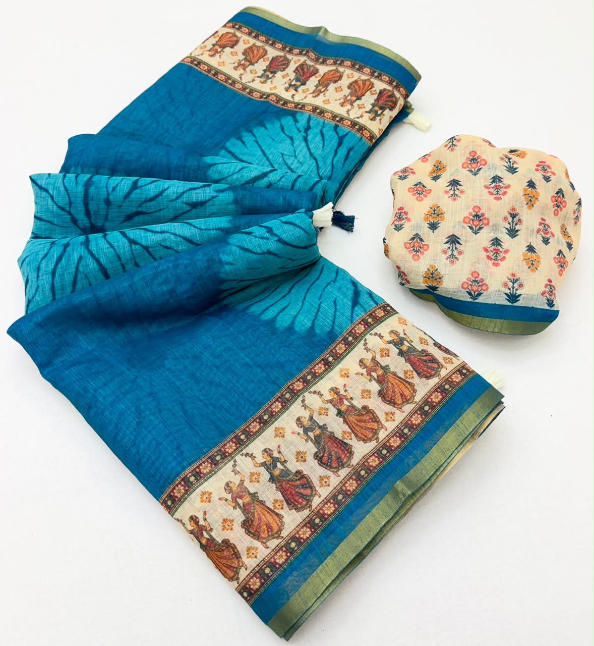 Kazari Series Lisha Linen Saree - Zari Border with Tassels 6 Pcs Set