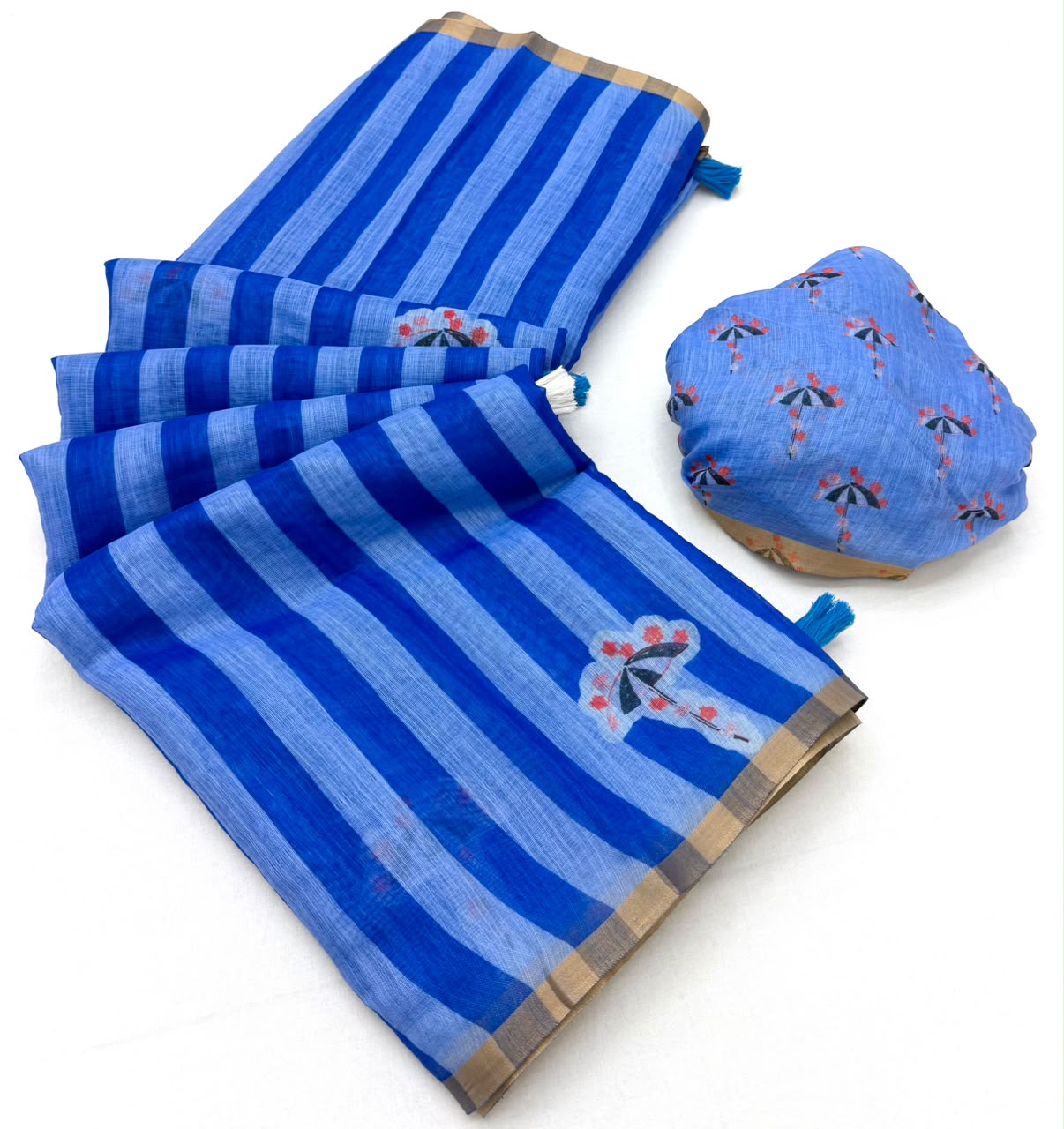 Lisha Soft Cotton Linen Saree with Zari Border & Tassels-6 Pcs Set.