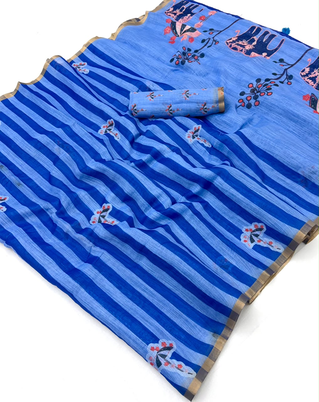 Lisha Soft Cotton Linen Saree with Zari Border & Tassels-6 Pcs Set.