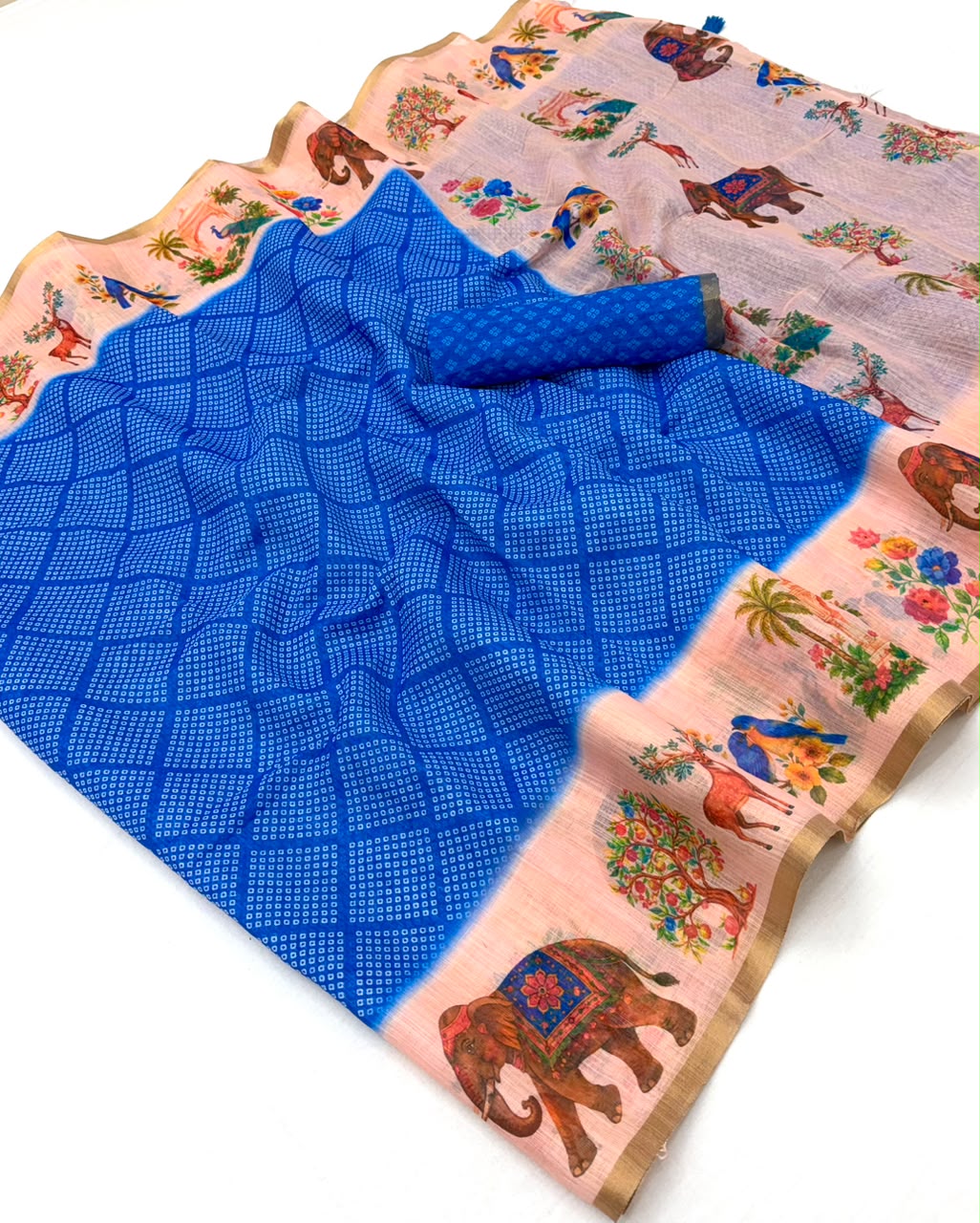 Lisha Soft Linen Saree with Zari Border & Tassels - 6 Pcs Set