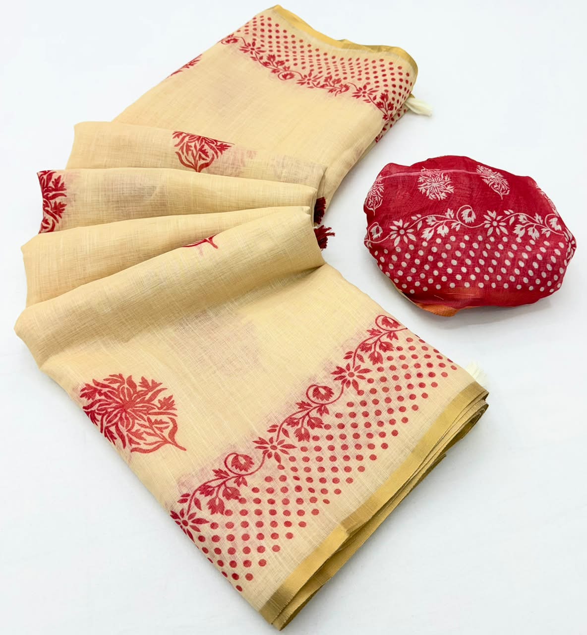 Lisha Linen Saree with Zari Border & Fancy Tassels - 6 Pcs Set