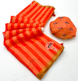Lisha Soft Cotton Linen Saree with Zari Border & Tassels-6 Pcs Set.