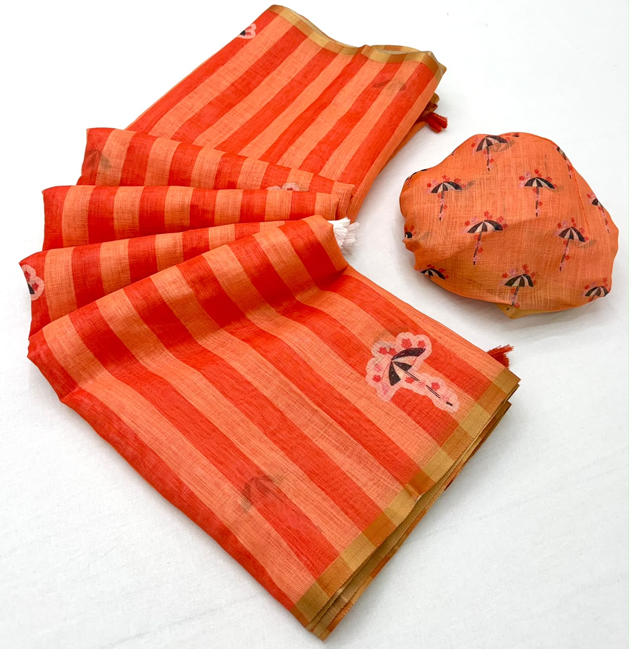 Lisha Soft Cotton Linen Saree with Zari Border & Tassels-6 Pcs Set.