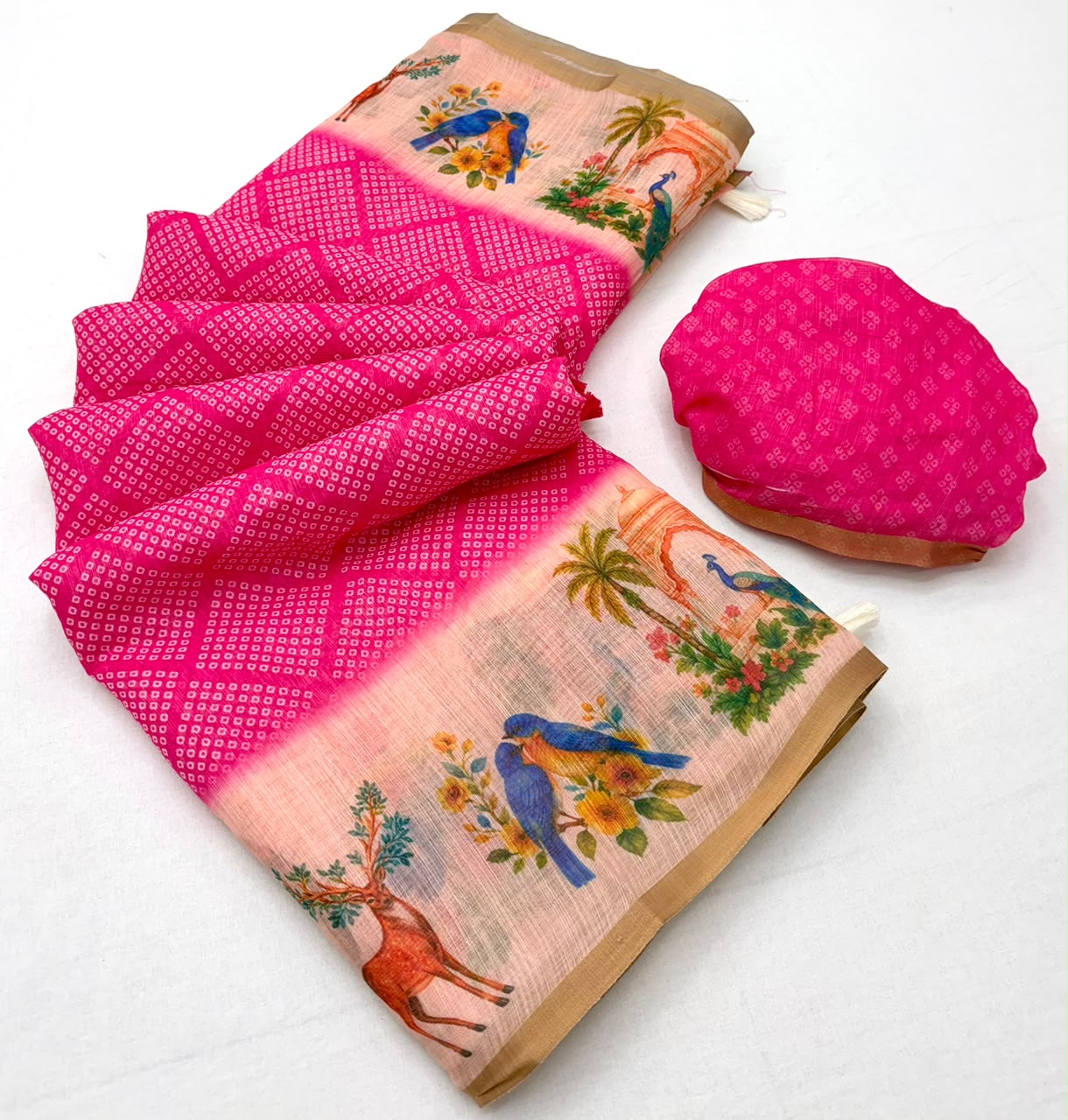 Lisha Soft Linen Saree with Zari Border & Tassels - 6 Pcs Set