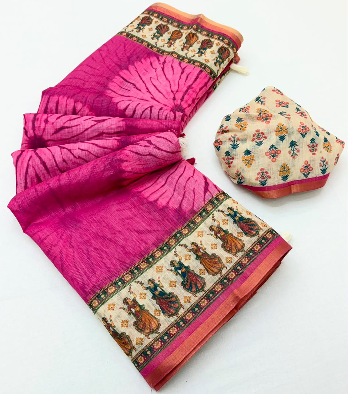 Kazari Series Lisha Linen Saree - Zari Border with Tassels 6 Pcs Set