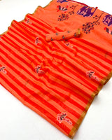 Lisha Soft Cotton Linen Saree with Zari Border & Tassels-6 Pcs Set.
