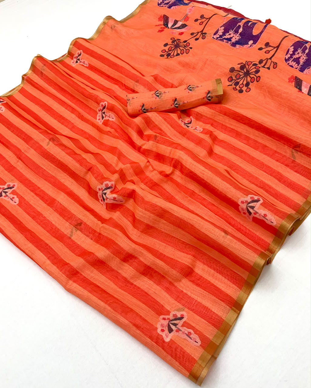 Lisha Soft Cotton Linen Saree with Zari Border & Tassels-6 Pcs Set.