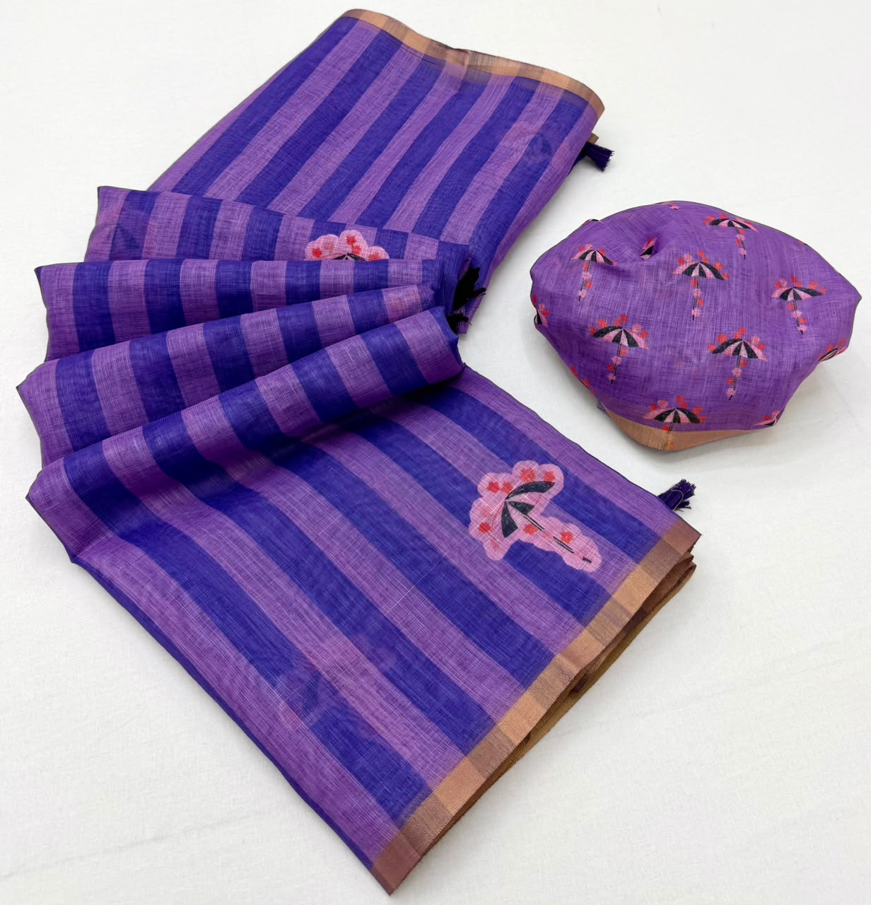 Lisha Soft Cotton Linen Saree with Zari Border & Tassels-6 Pcs Set.