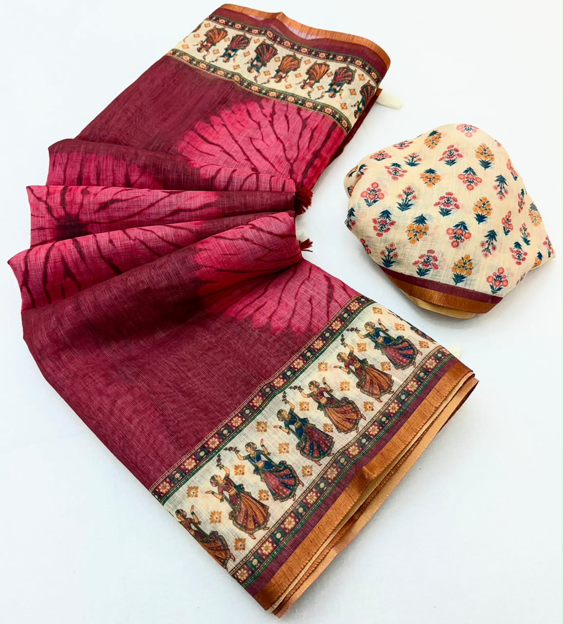 Kazari Series Lisha Linen Saree - Zari Border with Tassels 6 Pcs Set
