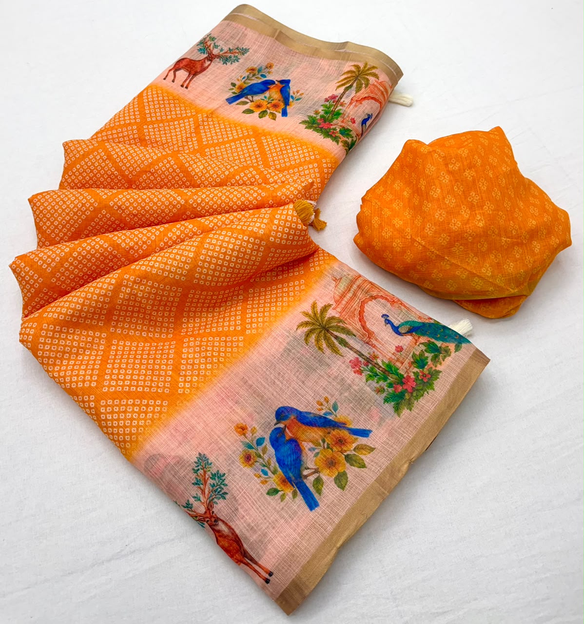 Lisha Soft Linen Saree with Zari Border & Tassels - 6 Pcs Set