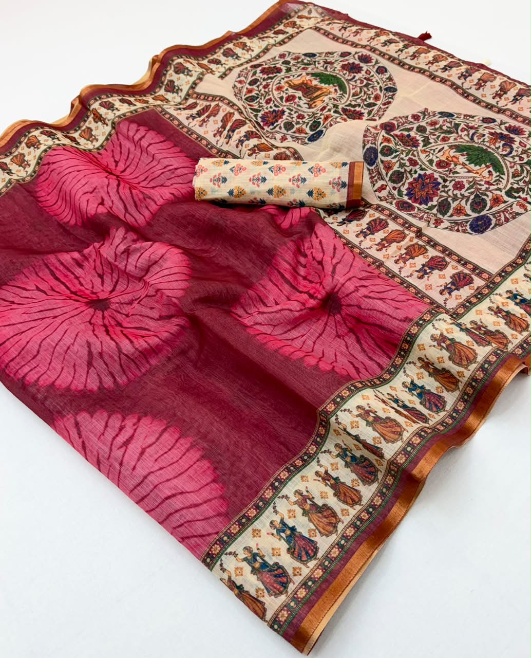 Kazari Series Lisha Linen Saree - Zari Border with Tassels 6 Pcs Set