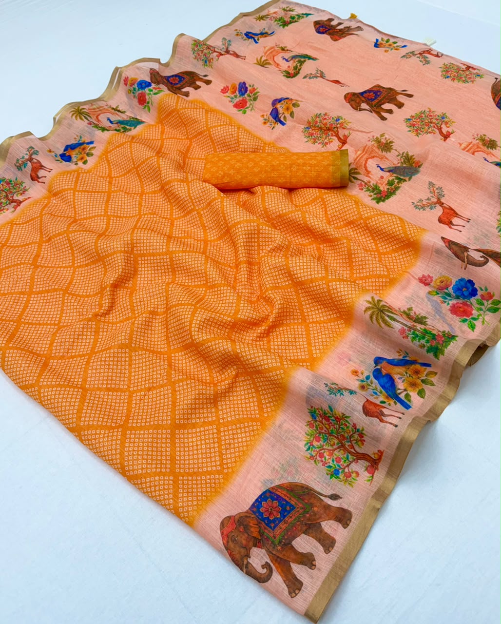 Lisha Soft Linen Saree with Zari Border & Tassels - 6 Pcs Set