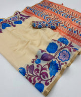 Lisha Soft Linen Cotton Saree with Zari Border & Tassels-6 Pcs Set.