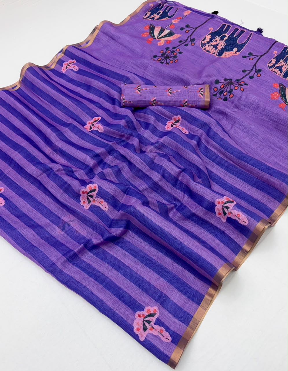 Lisha Soft Cotton Linen Saree with Zari Border & Tassels-6 Pcs Set.