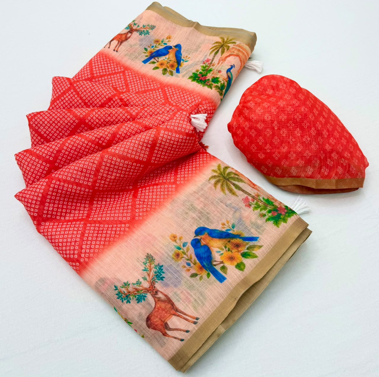 Lisha Soft Linen Saree with Zari Border & Tassels - 6 Pcs Set
