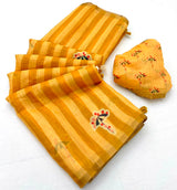 Lisha Soft Cotton Linen Saree with Zari Border & Tassels-6 Pcs Set.