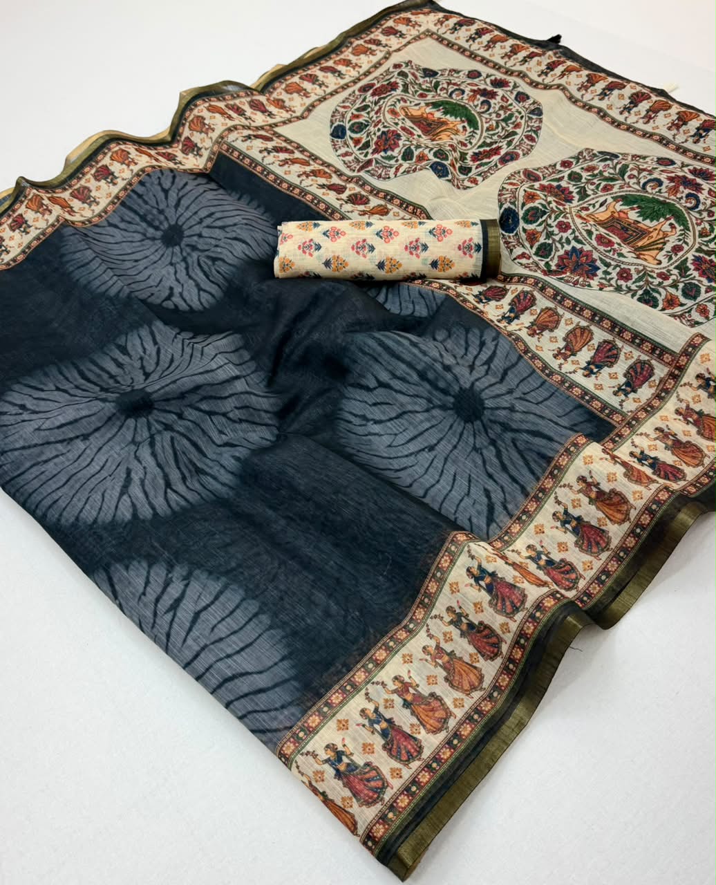 Kazari Series Lisha Linen Saree - Zari Border with Tassels 6 Pcs Set