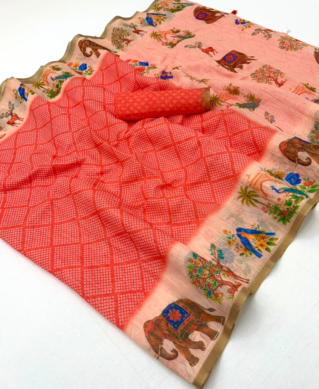 Lisha Soft Linen Saree with Zari Border & Tassels - 6 Pcs Set