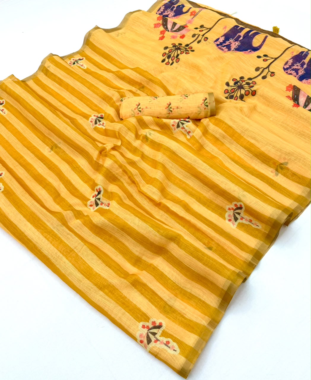 Lisha Soft Cotton Linen Saree with Zari Border & Tassels-6 Pcs Set.
