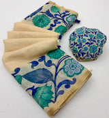 Lisha Soft Linen Cotton Saree with Zari Border & Tassels-6 Pcs Set.