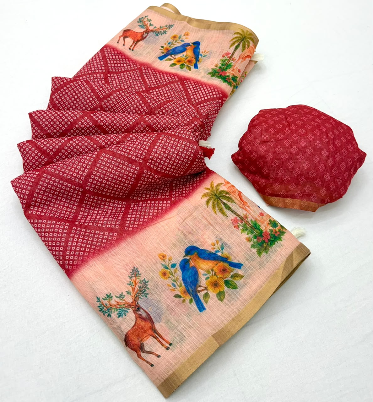 Lisha Soft Linen Saree with Zari Border & Tassels - 6 Pcs Set