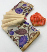Lisha Soft Linen Cotton Saree with Zari Border & Tassels-6 Pcs Set.