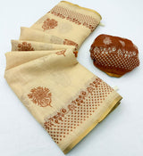 Lisha Linen Saree with Zari Border & Fancy Tassels - 6 Pcs Set