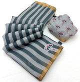 Lisha Soft Cotton Linen Saree with Zari Border & Tassels-6 Pcs Set.