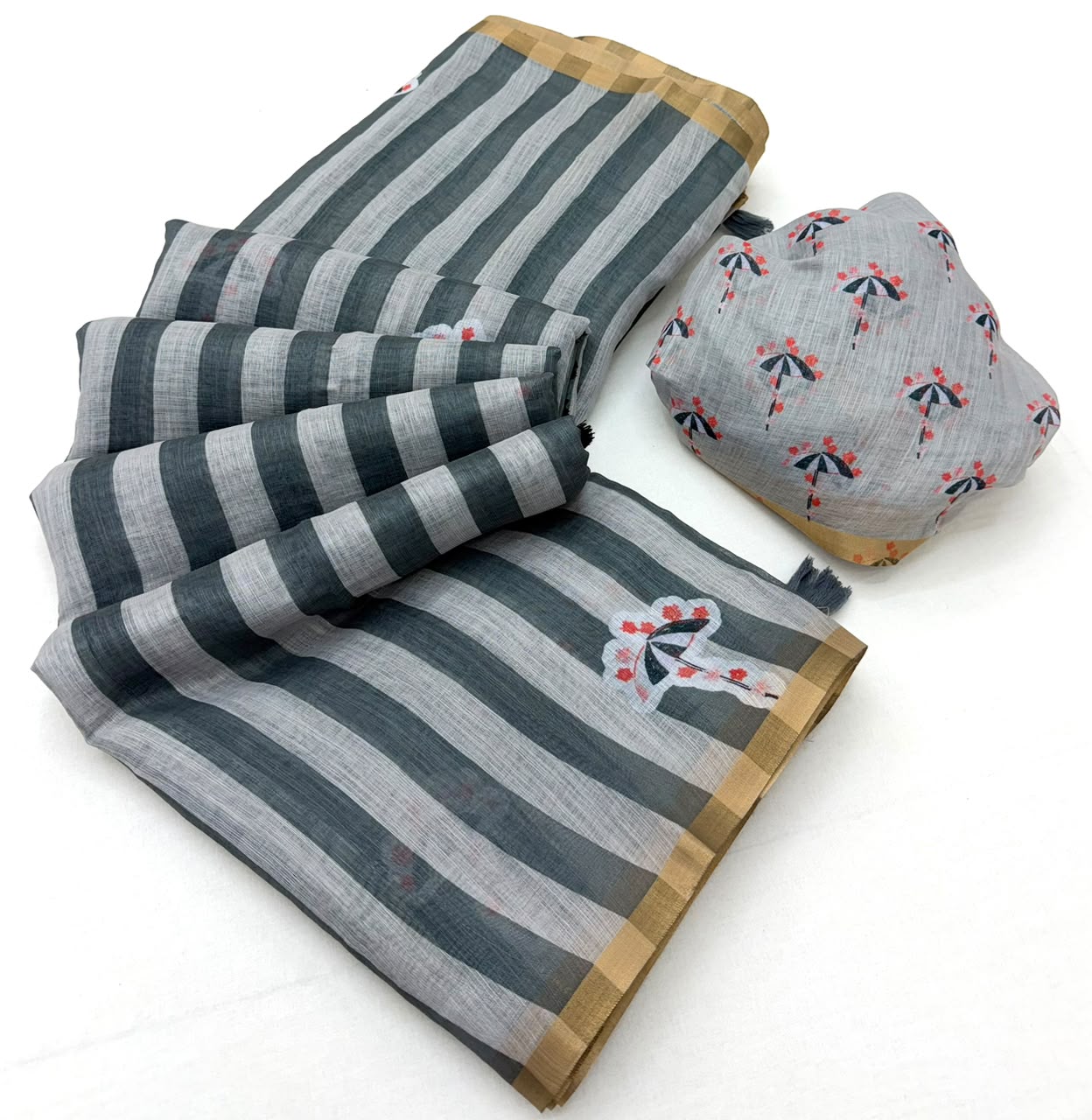 Lisha Soft Cotton Linen Saree with Zari Border & Tassels-6 Pcs Set.