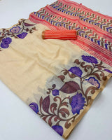 Lisha Soft Linen Cotton Saree with Zari Border & Tassels-6 Pcs Set.