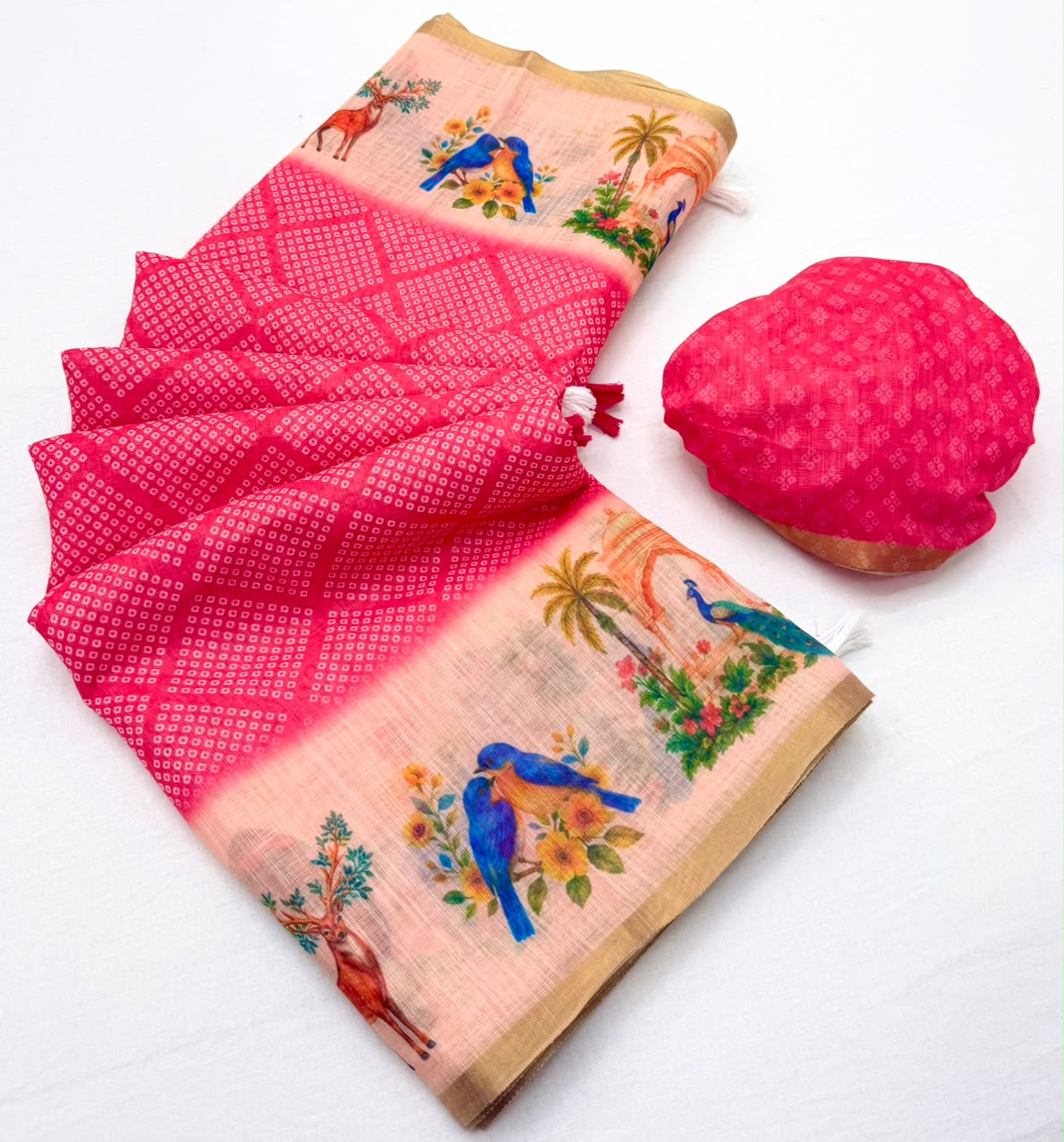 Lisha Soft Linen Saree with Zari Border & Tassels - 6 Pcs Set