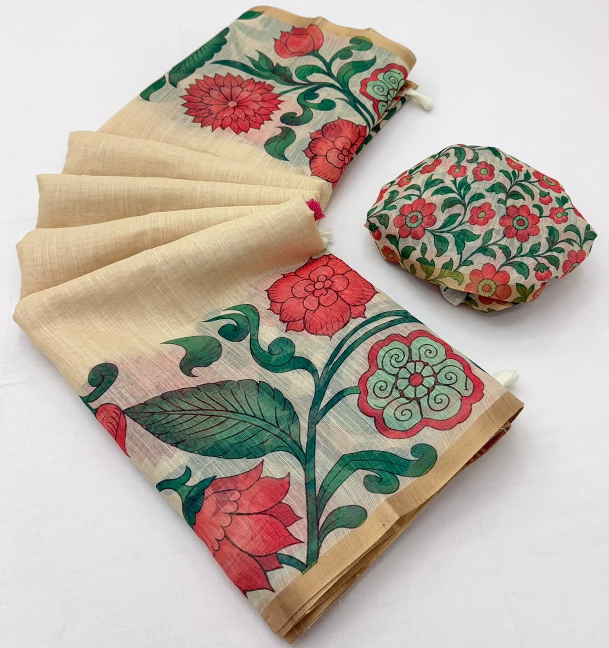 Lisha Soft Linen Cotton Saree with Zari Border & Tassels-6 Pcs Set.