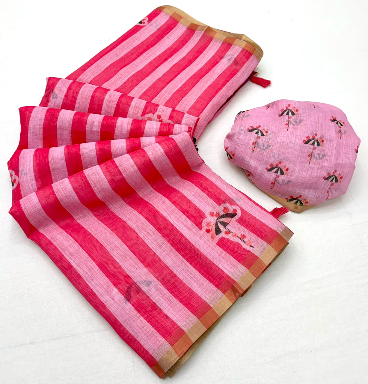 Lisha Soft Cotton Linen Saree with Zari Border & Tassels-6 Pcs Set.