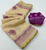 Lisha Linen Saree with Zari Border & Fancy Tassels - 6 Pcs Set