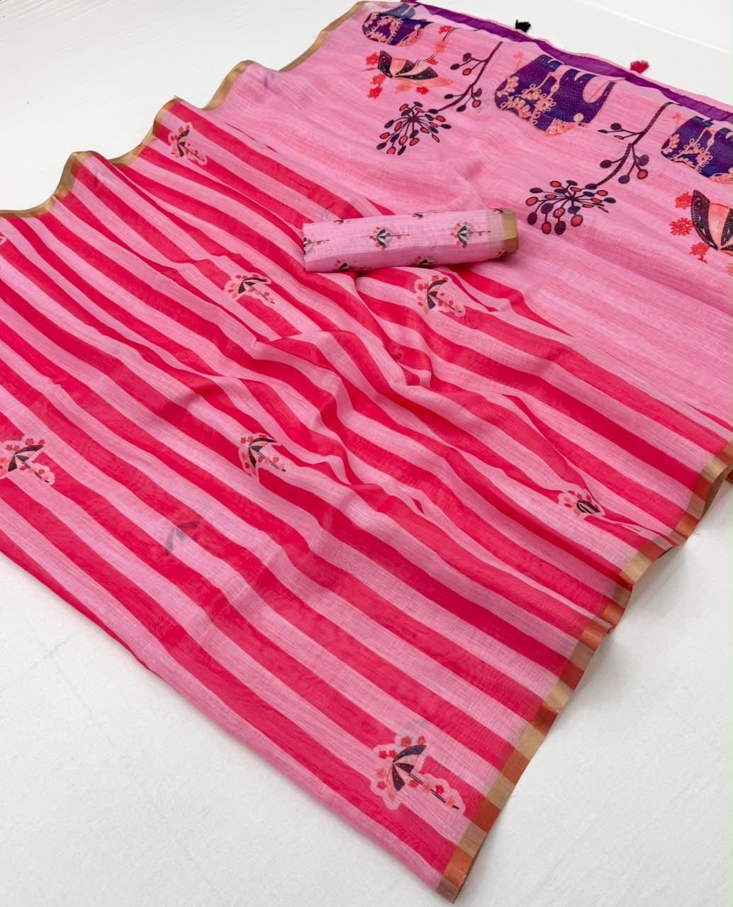 Lisha Soft Cotton Linen Saree with Zari Border & Tassels-6 Pcs Set.