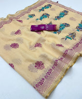 Lisha Linen Saree with Zari Border & Fancy Tassels - 6 Pcs Set