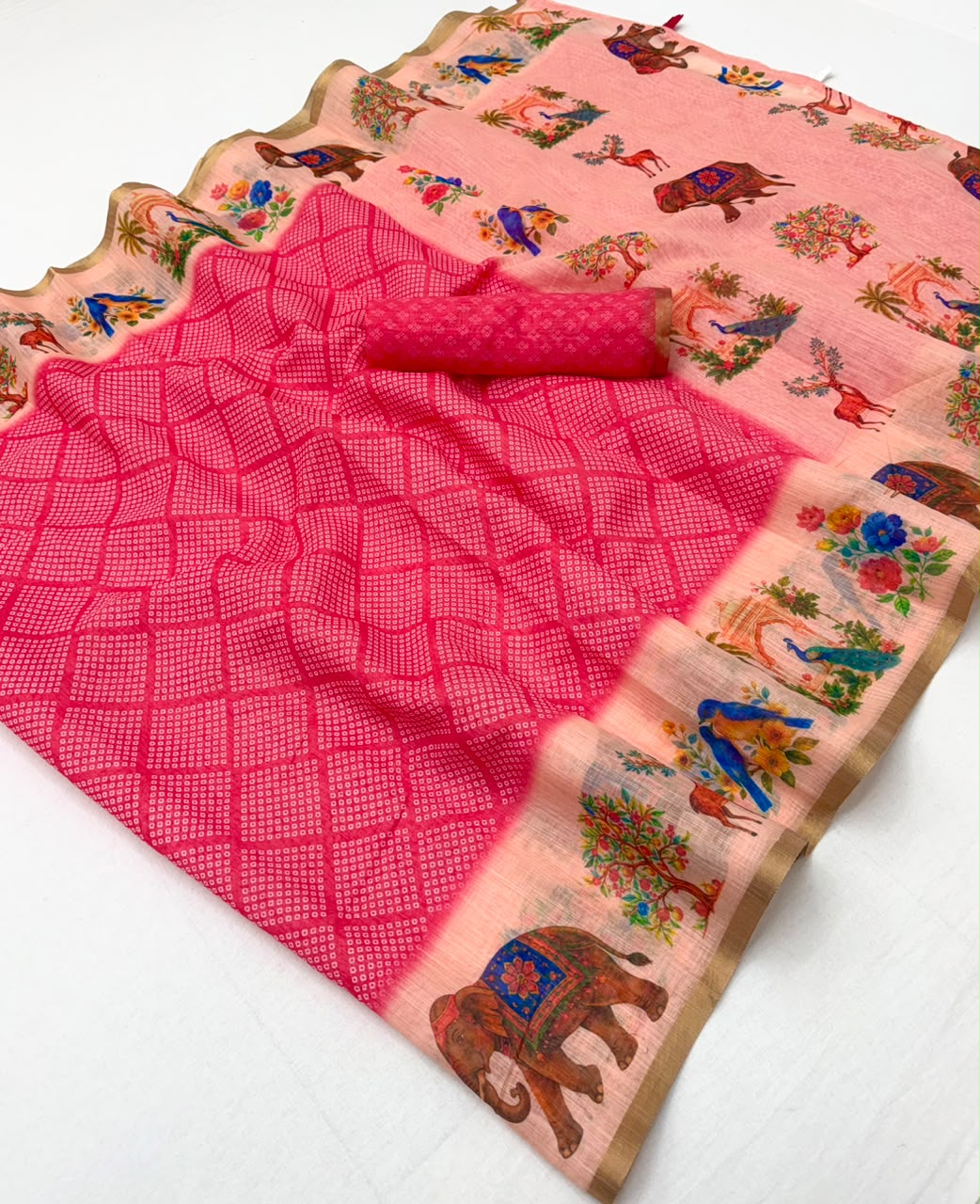 Lisha Soft Linen Saree with Zari Border & Tassels - 6 Pcs Set