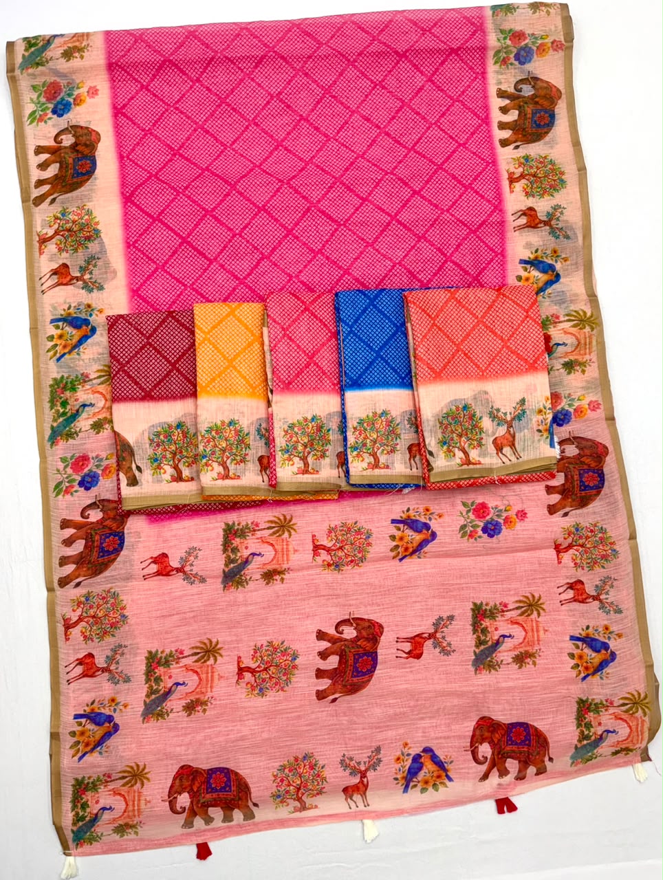 Lisha Soft Linen Saree with Zari Border & Tassels - 6 Pcs Set