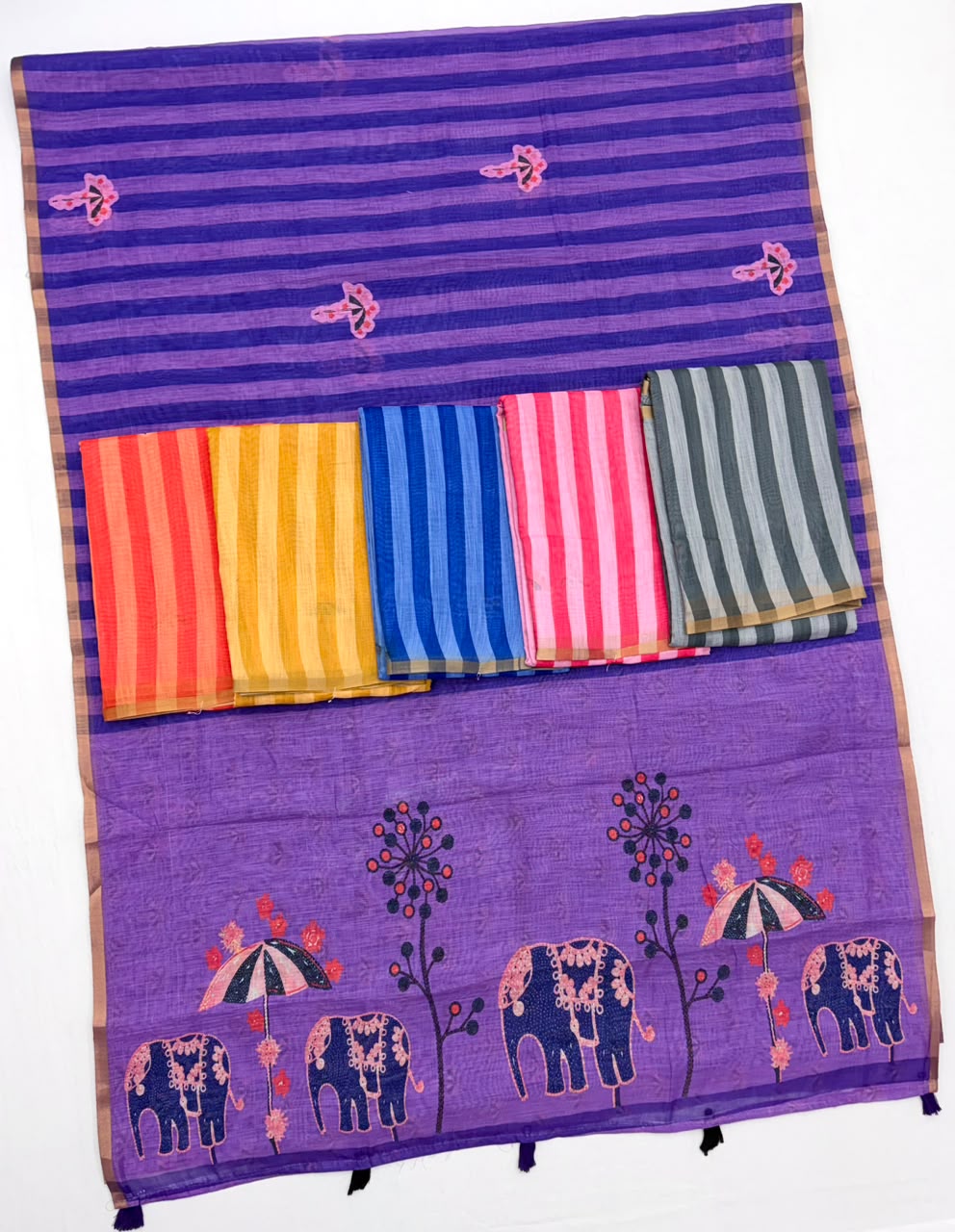 Lisha Soft Cotton Linen Saree with Zari Border & Tassels-6 Pcs Set.