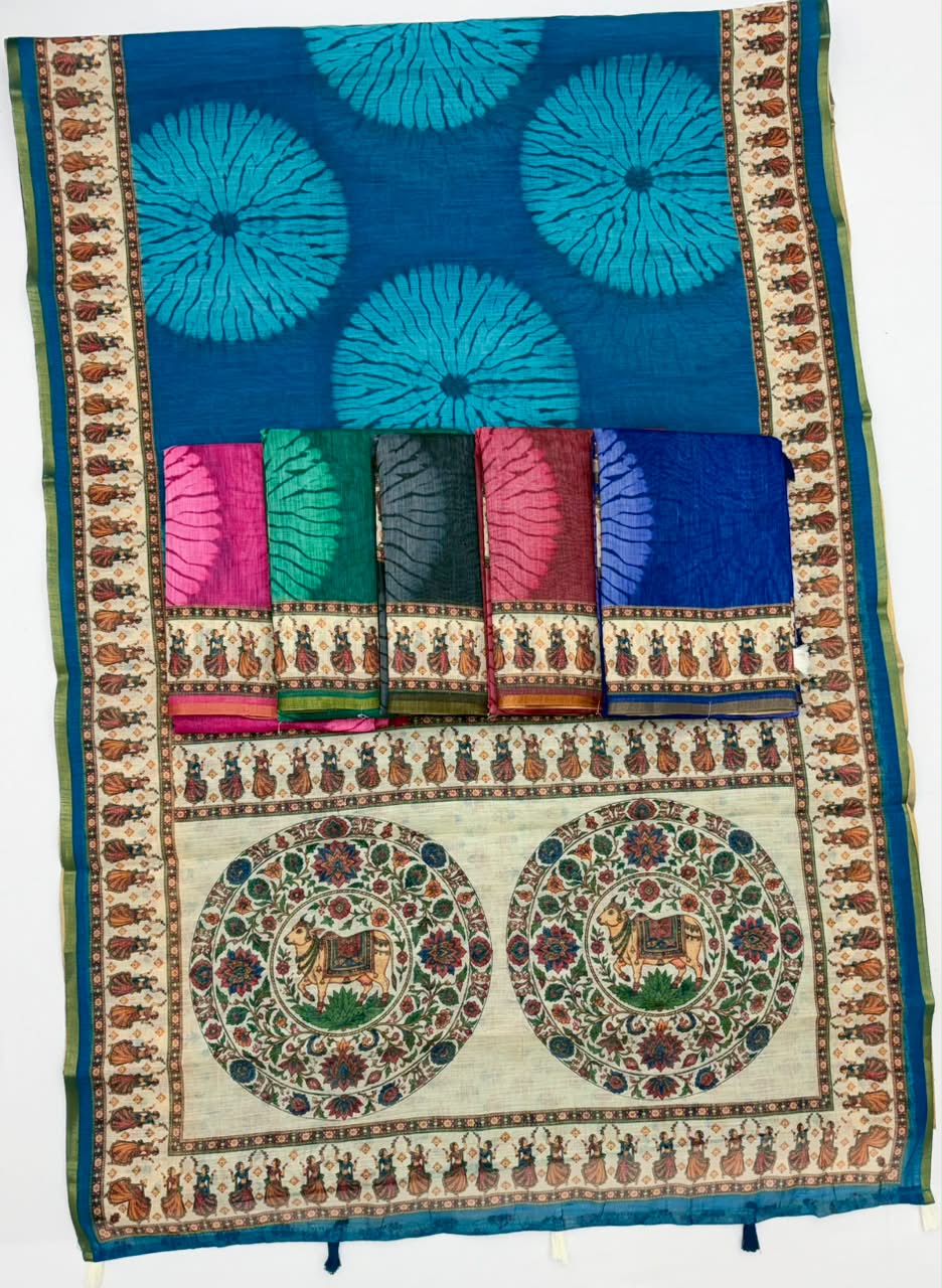 Kazari Series Lisha Linen Saree - Zari Border with Tassels 6 Pcs Set