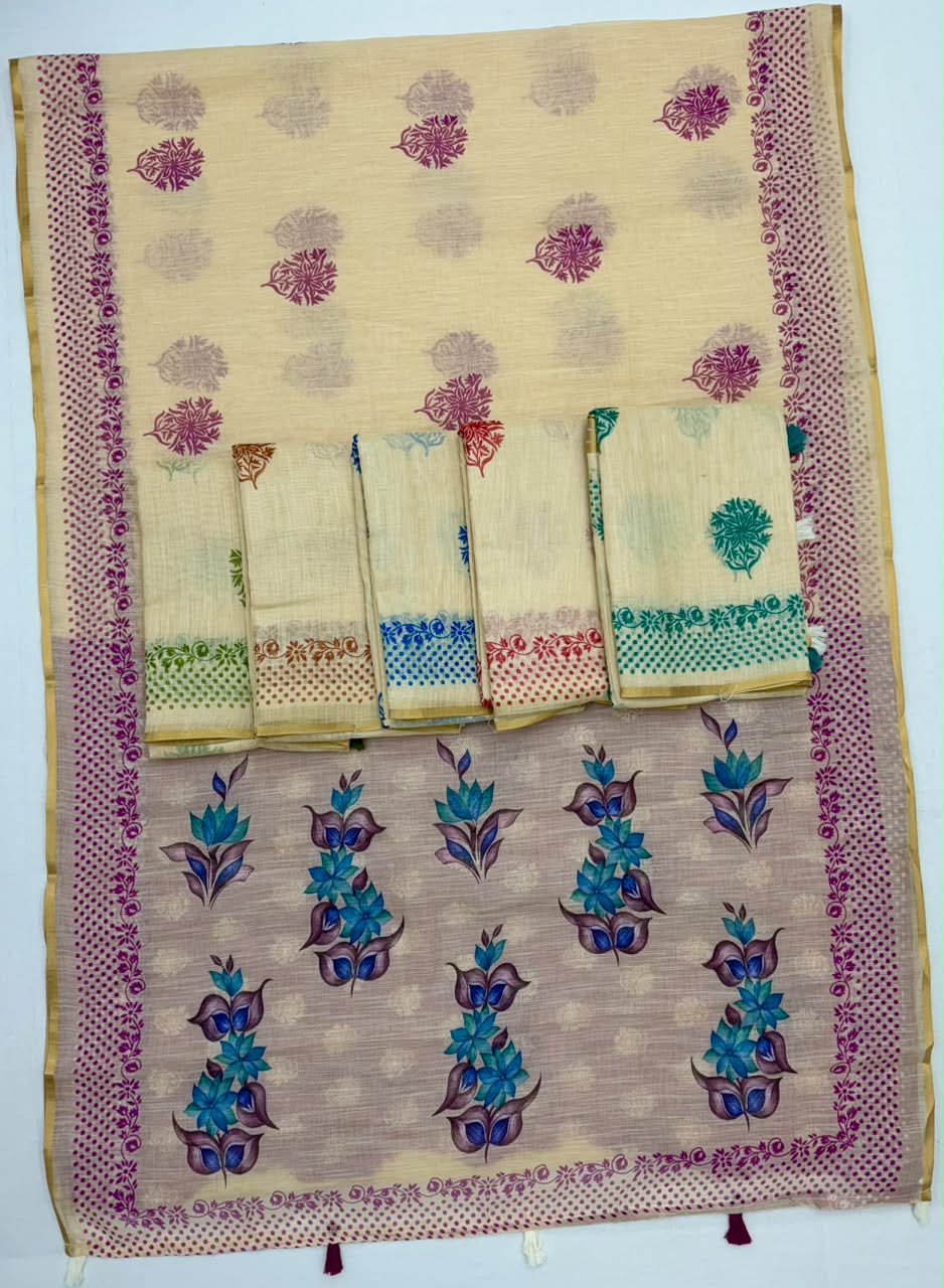 Lisha Linen Saree with Zari Border & Fancy Tassels - 6 Pcs Set