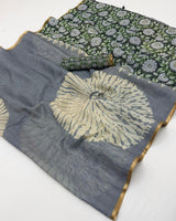 RajYog Lisha Linen Cotton Saree with Zari Border & Tassels - 8 Pcs Set