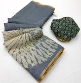 RajYog Lisha Linen Cotton Saree with Zari Border & Tassels - 8 Pcs Set