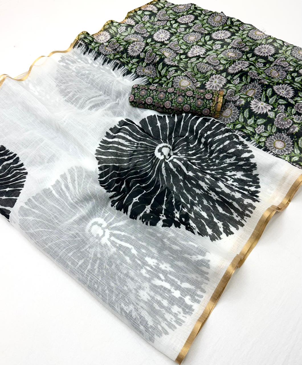 RajYog Lisha Linen Cotton Saree with Zari Border & Tassels - 8 Pcs Set