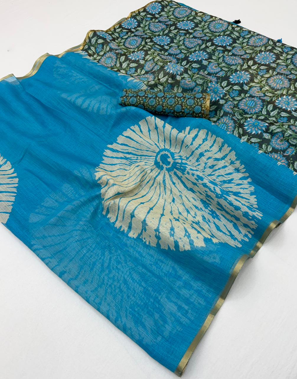 RajYog Lisha Linen Cotton Saree with Zari Border & Tassels - 8 Pcs Set