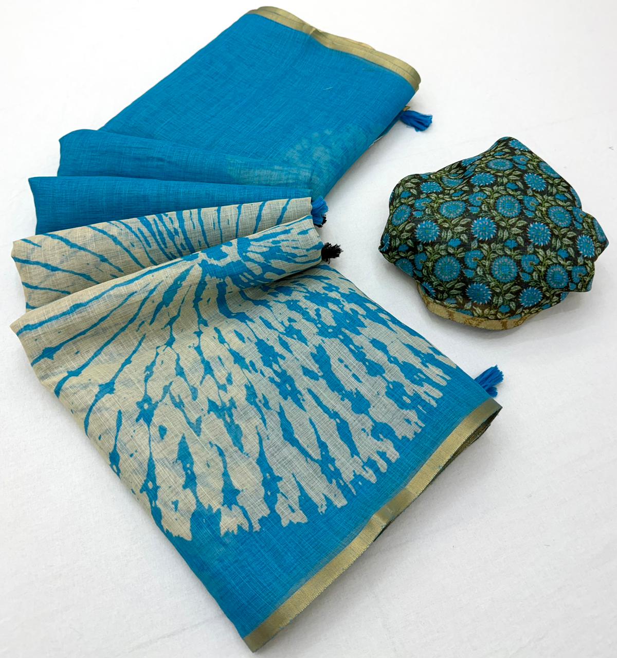 RajYog Lisha Linen Cotton Saree with Zari Border & Tassels - 8 Pcs Set
